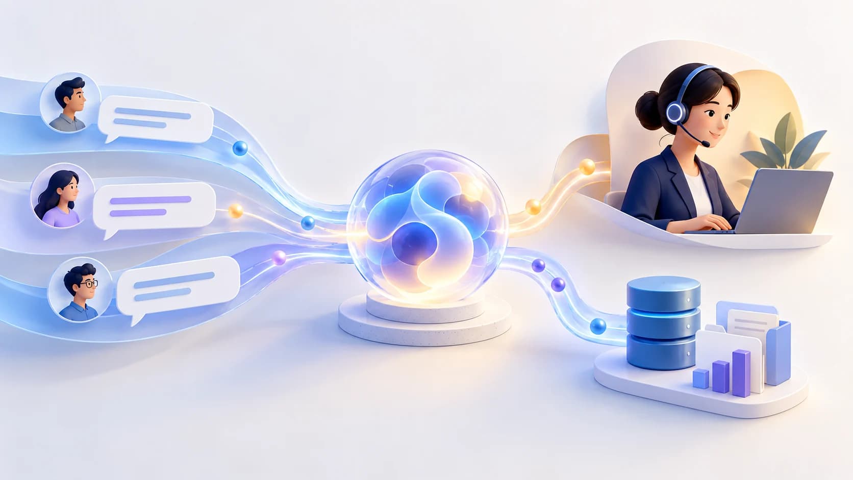 Illustration of customer conversations flowing through AI to a human support specialist
