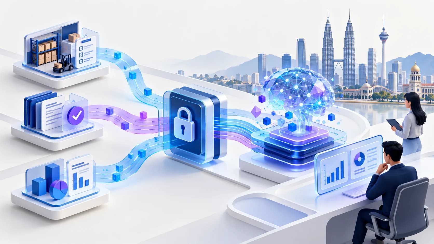 Illustration of inventory, approvals and reporting connected through a secure AI system
