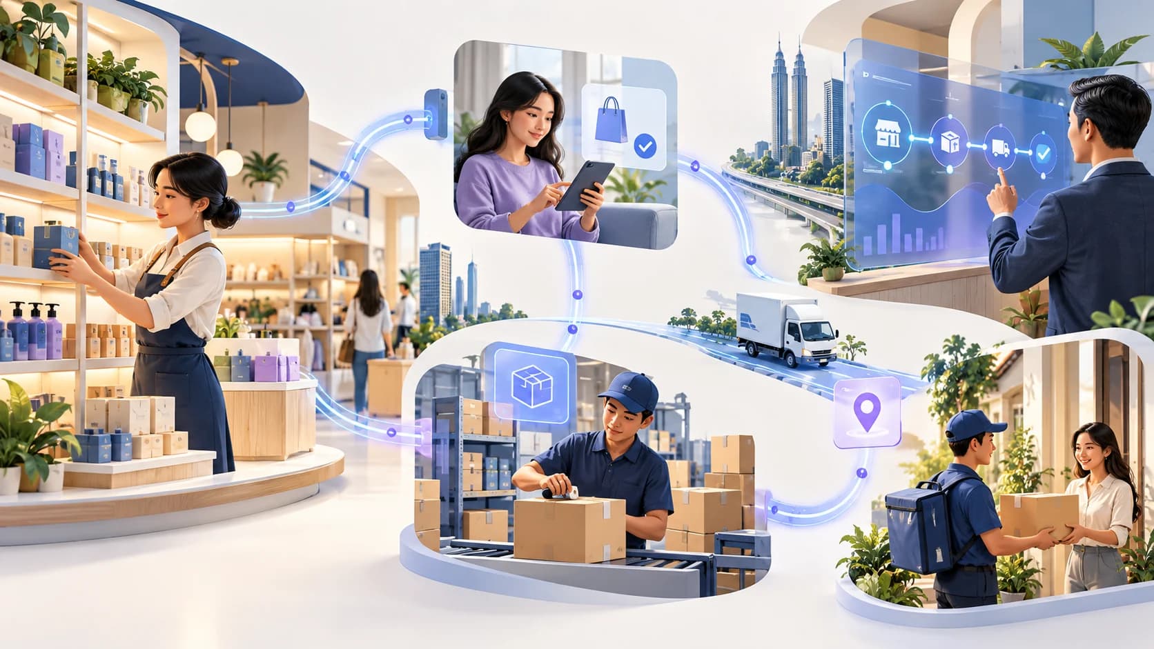 Illustration of connected store stock, customer orders and delivery workflows