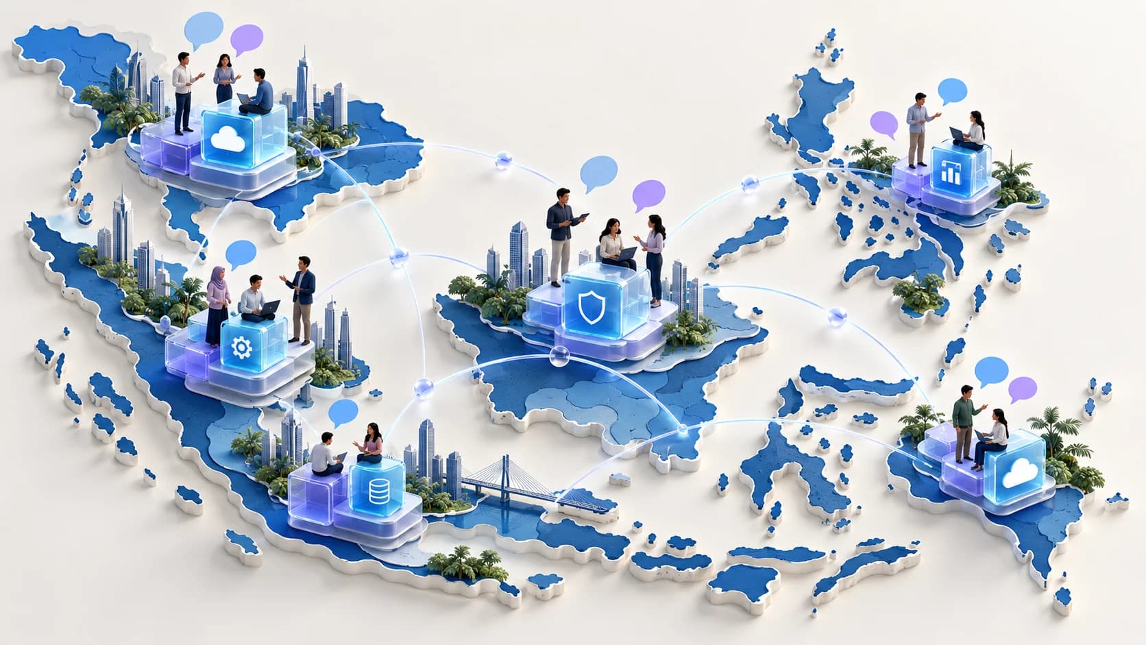 Illustration of software teams and services connected across Southeast Asia