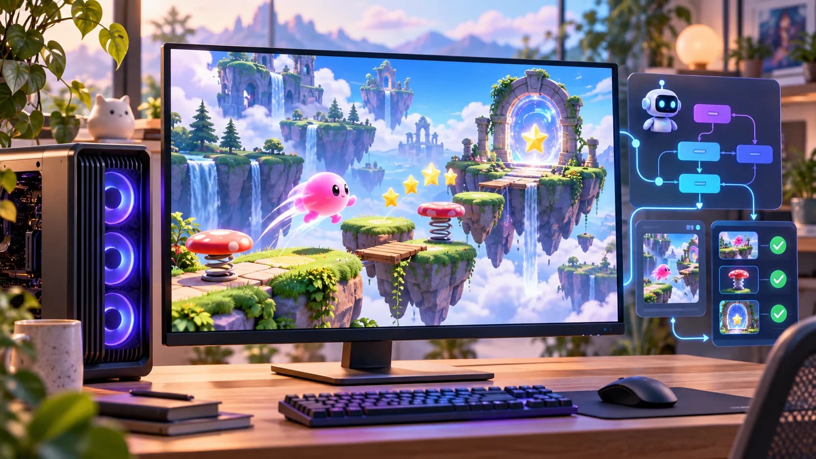 Illustration of a local AI coding agent building a floating-island platform game